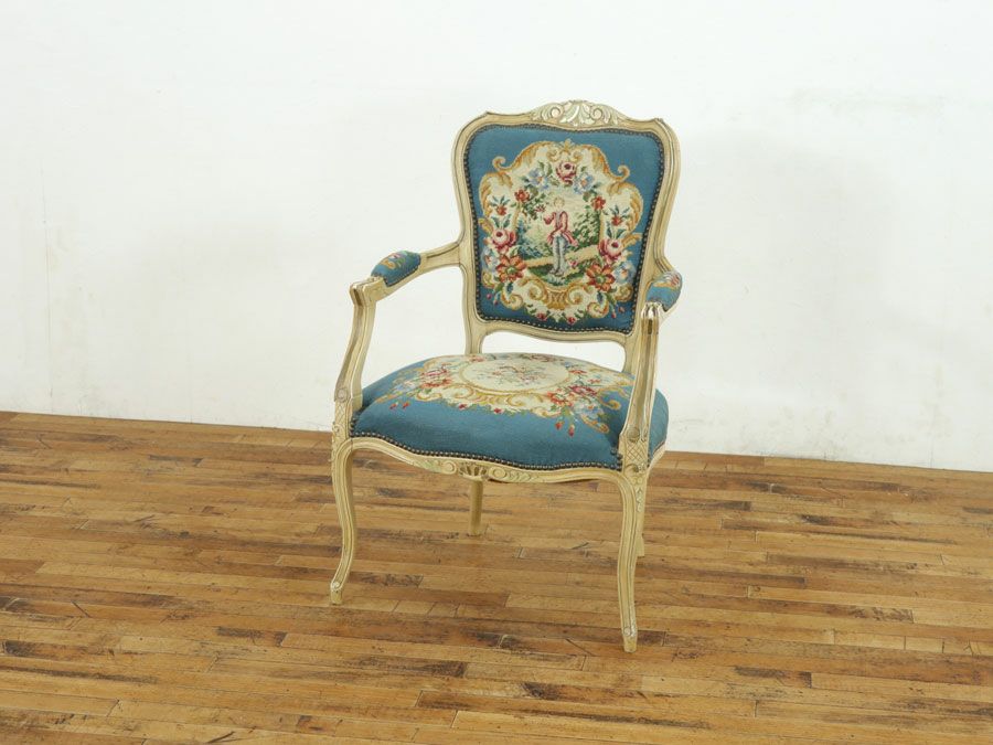 白フレーム プチポワンアームチェア　フランス家具