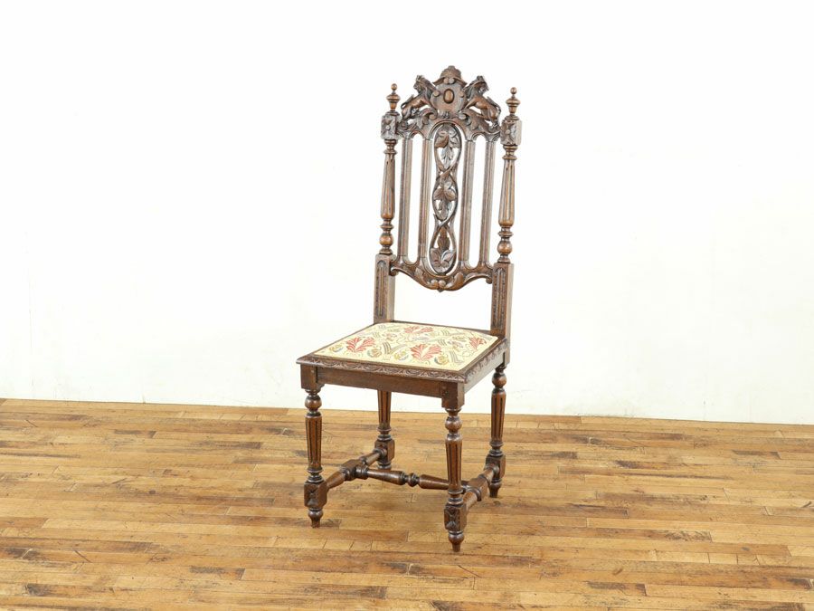 ①美品　フランスアンティーク　ライオンの彫刻 張替済チェア ライオンの彫刻 張替済チェア 64928a | アンティークフレックス