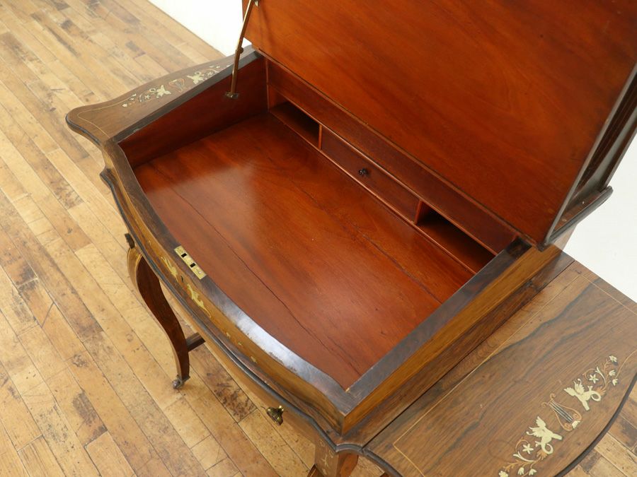 インレイなどの華やかなデザインと拡張棚を持つエドワーディアンレディデスク 80848