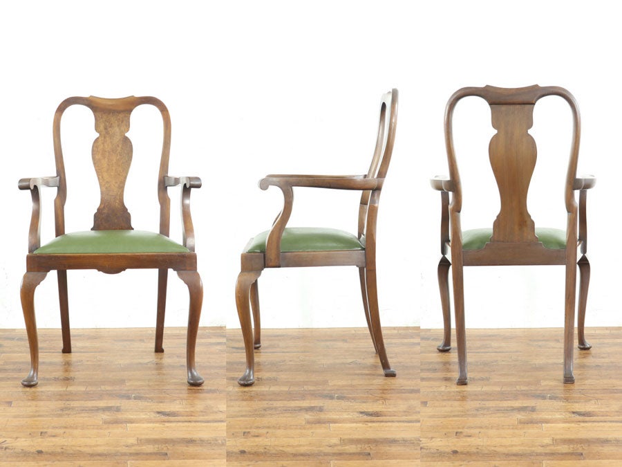 ウォールナットの杢目がアクセント 座面張替済クィーンアンアームチェア 80713b<br>在庫2脚