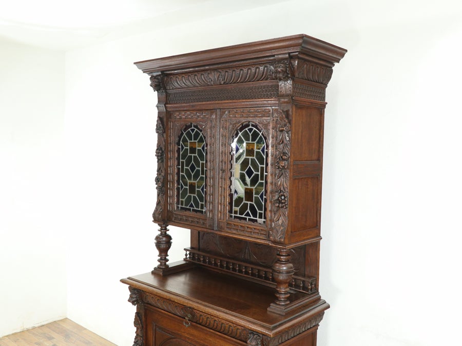 美しい彫刻とステンドグラス アンリ2世様式キャビネット 65529